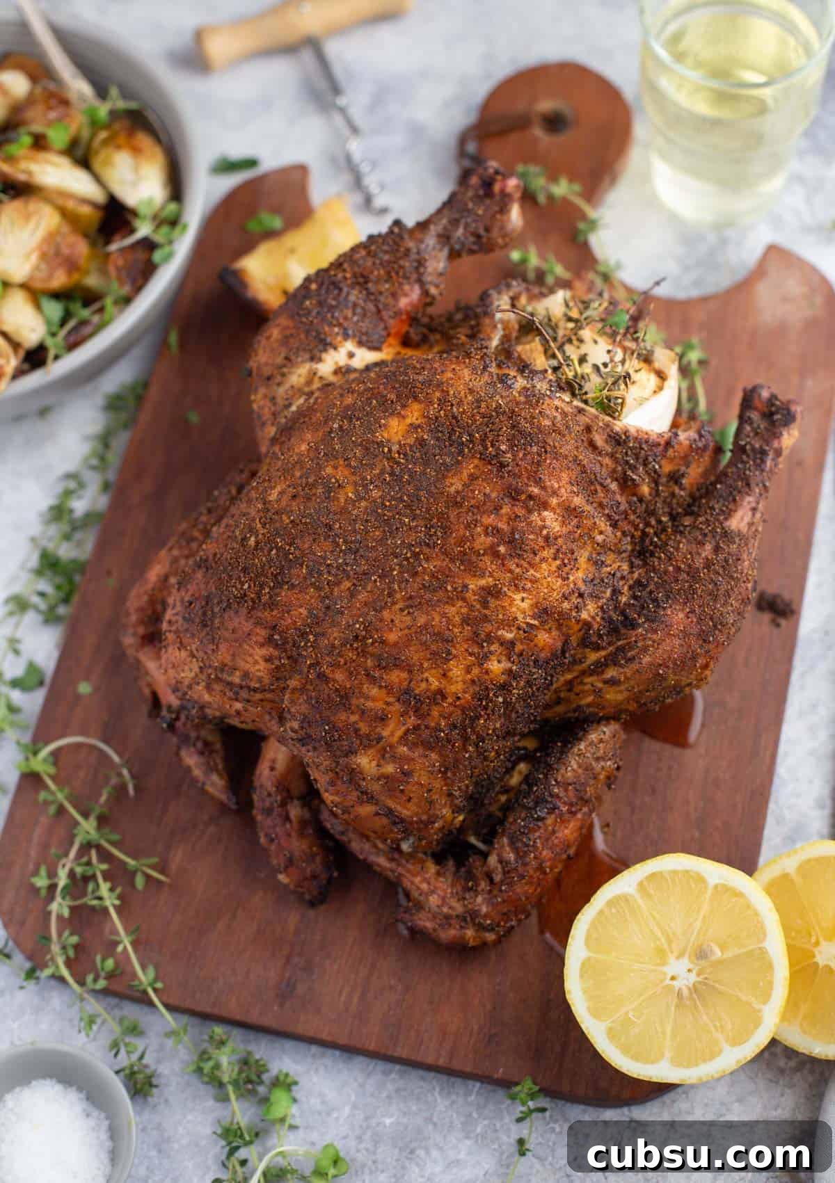 Smoke Roasted Pellet Grill Whole Chicken on a cutting board