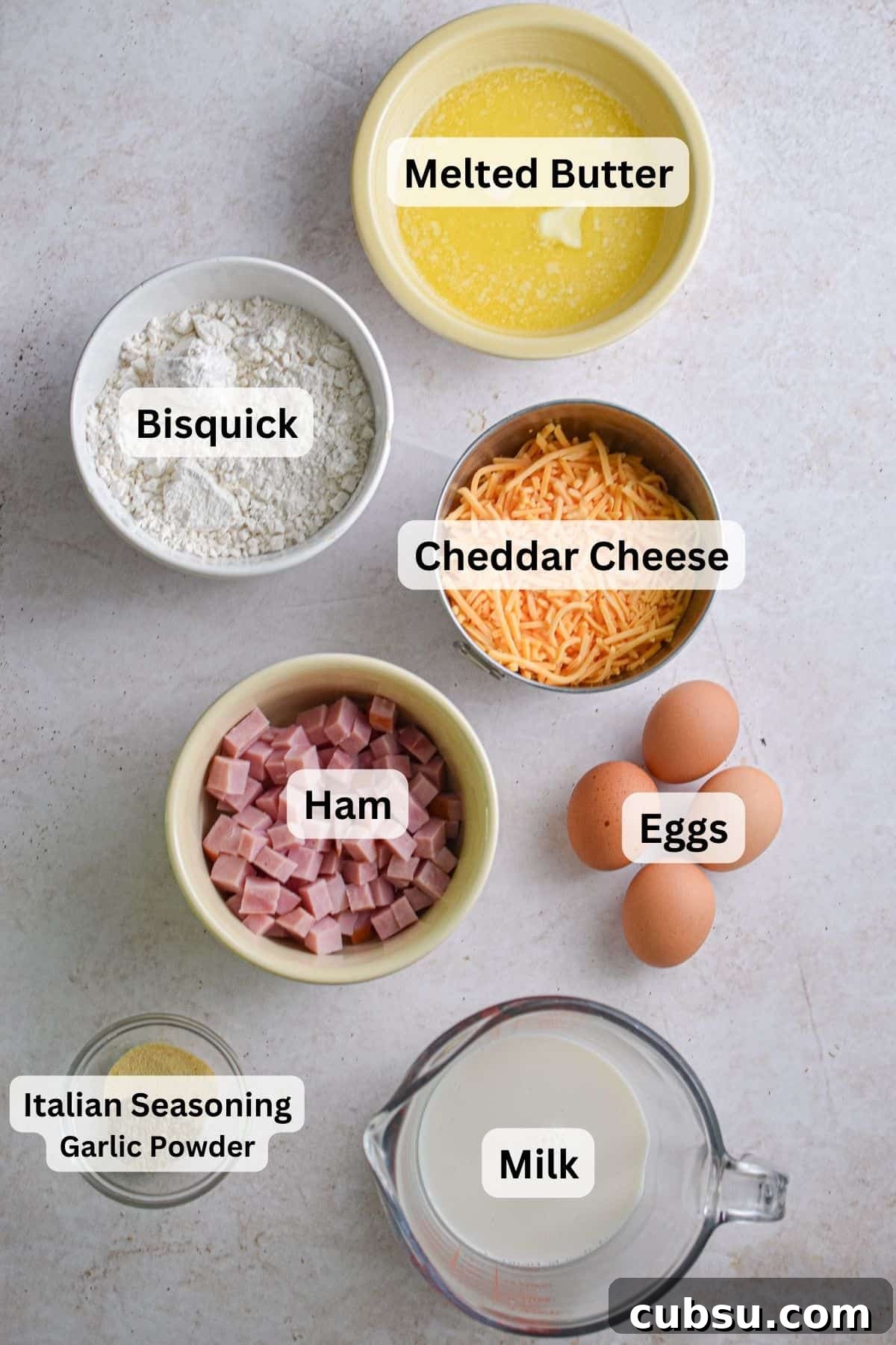 The bisquick breakfast casserole ingredients are labeled.