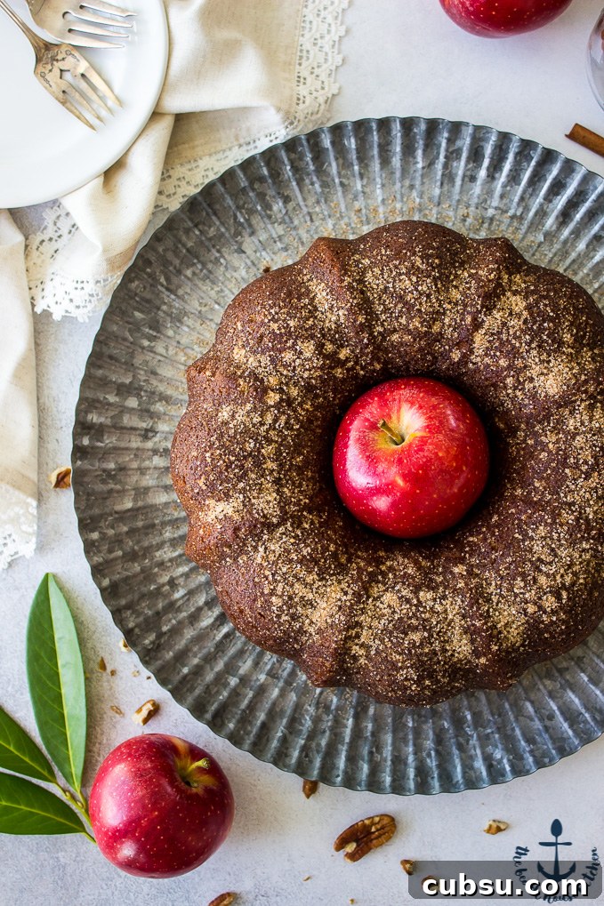 Apple-Cider-Doughnut-Bundt-Cake-with-Pecan-Brown-Sugar-Ripple Overhead photo of Apple Cider Doughnut Bundt Cake with Pecan Brown Sugar Ripple with a red apple in the middle of cake on a silver tray.