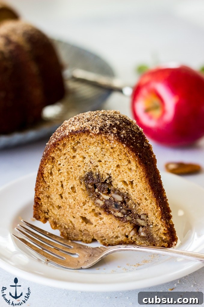 Apple-Cider-Doughnut-Bundt-Cake-with-Pecan-Brown-Sugar-Ripple Slice of Apple Cider Doughnut Bundt Cake with Pecan Brown Sugar Ripple on a white plate with a silver fork and an apple in the background.