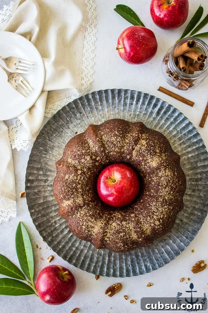 Apple-Cider-Doughnut-Bundt-Cake-with-Pecan-Brown-Sugar-Ripple Overhead photo of Apple Cider Doughnut Bundt Cake with Pecan Brown Sugar Ripple with a red apple in middle of cake on a silver tray surrounded by red apples and cinnamon sticks.