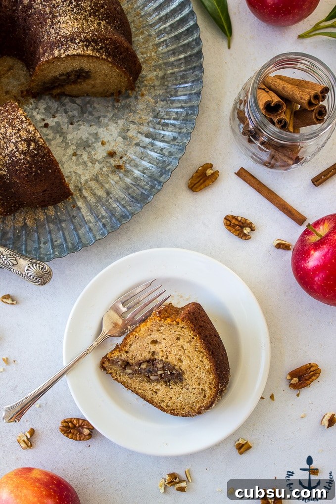 Apple-Cider-Doughnut-Bundt-Cake-with-Pecan-Brown-Sugar-Ripple A slice Apple Cider Doughnut Bundt Cake with Pecan Brown Sugar Ripple on a white plate with remainder of bundt cake on silver tray in background.