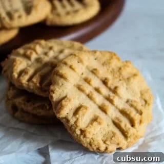 Gluten-Free Peanut Butter Cookies Recipe You’ll Love 9 baked peanut butter cookies on a plate.