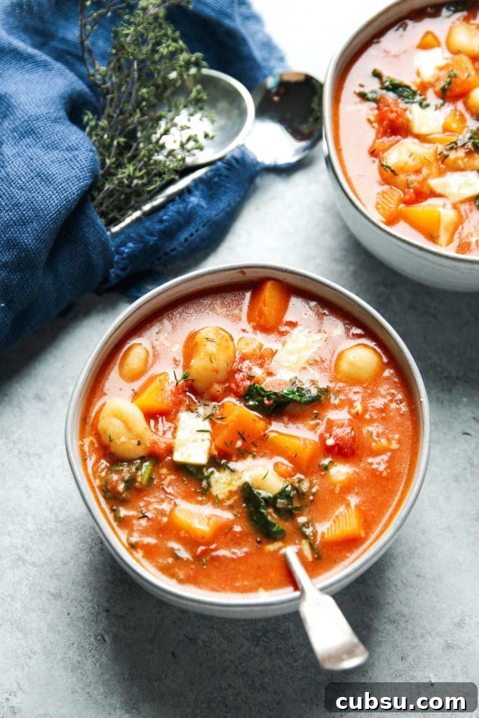 Tomato Gnocchi Soup in two bowls with a spoon
