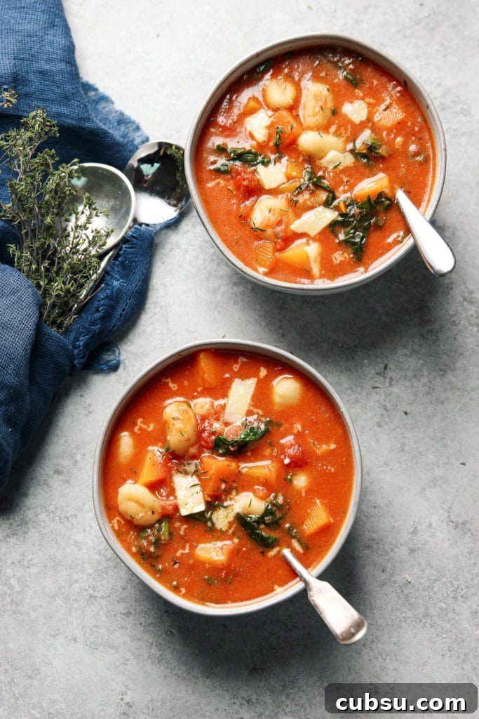 Tomato Gnocchi Soup in two bowls with a spoon