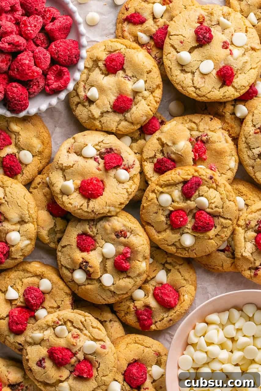 raspberry and white chocolate chip cookies spread out with a bowl of dried raspberries and white chocolate next to them