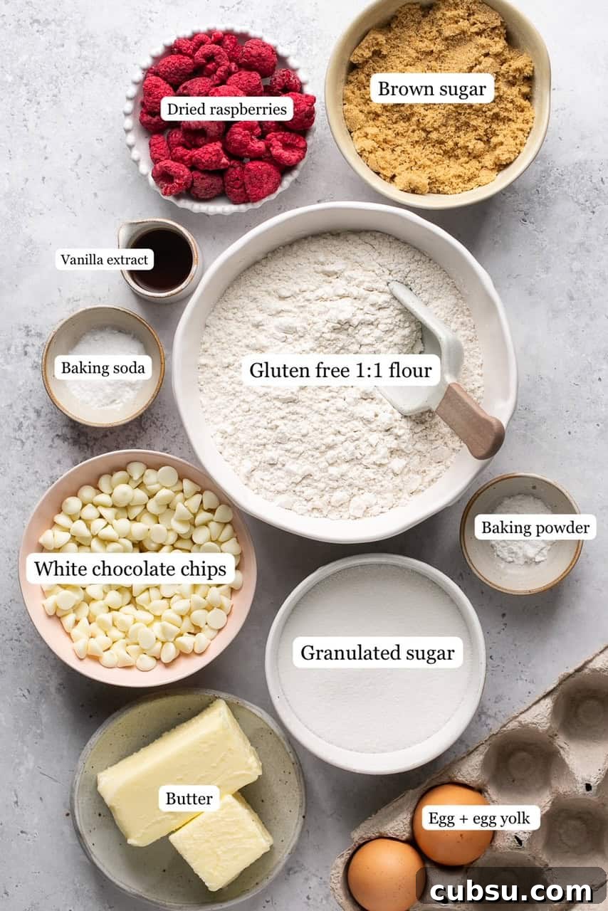 ingredients for white chocolate raspberry cookies