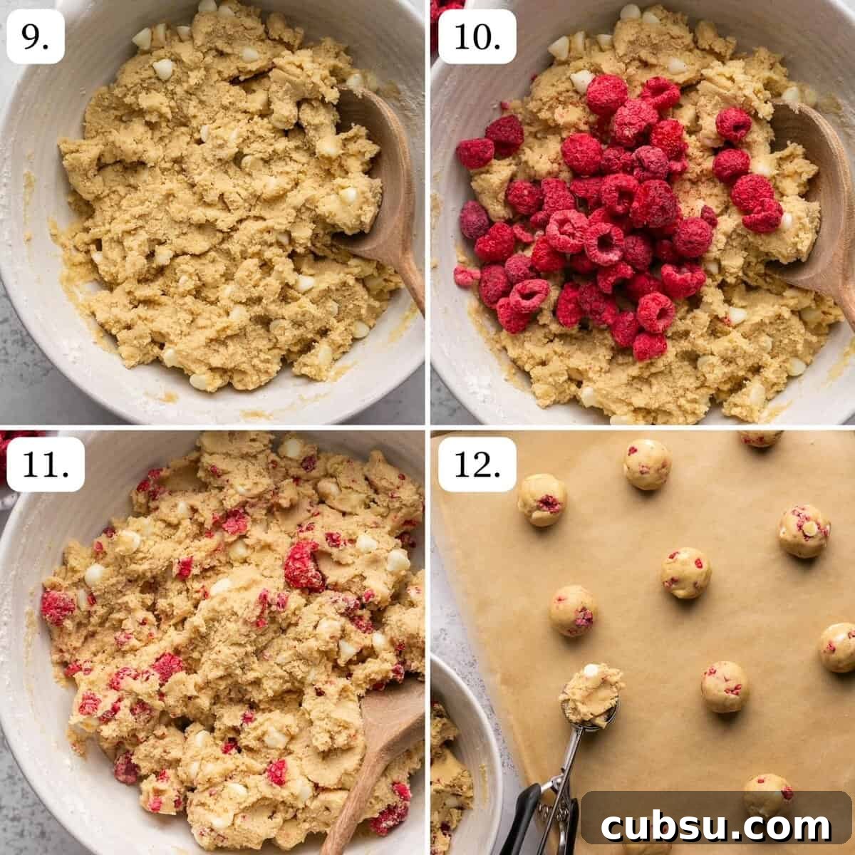 steps 9 through 12 for making white chocolate raspberry cookies