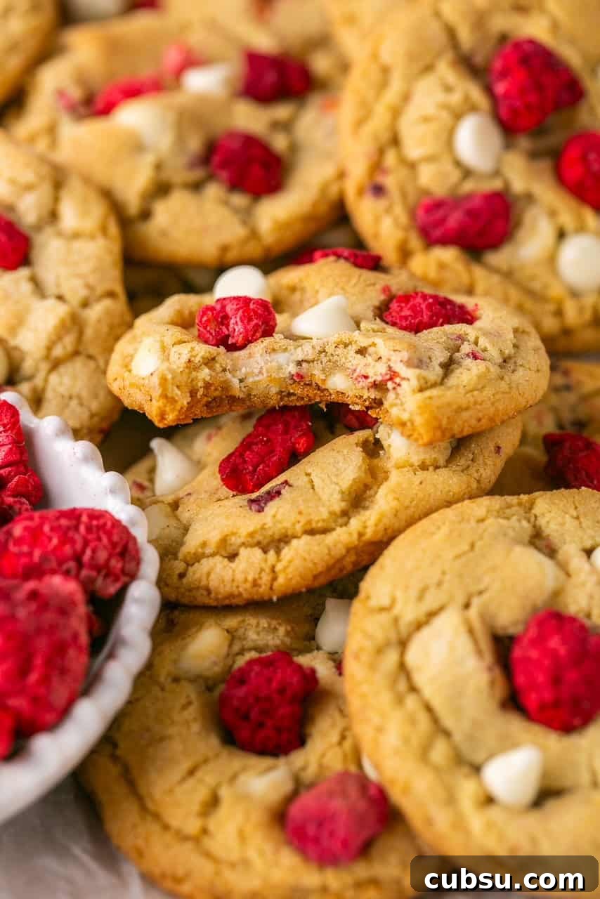 white chocolate raspberry cookies in a pile with a bite taken out of one