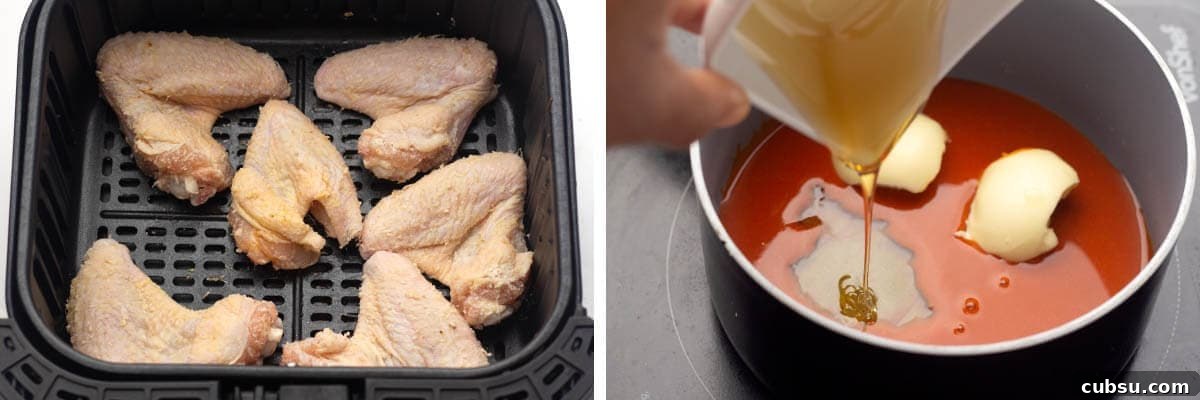 Crispy Buffalo Chicken Wings in the Air Fryer (Quick Recipe) 6 wings in air fryer basket, adding honey to sauce