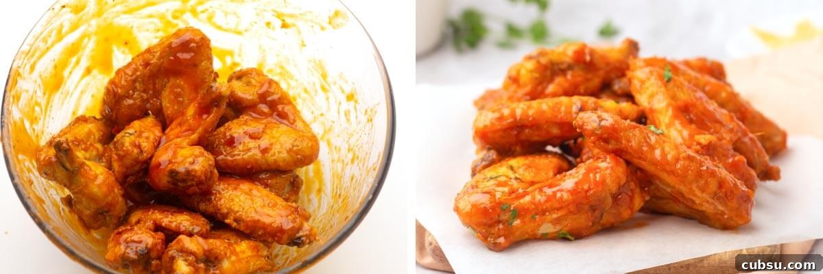 Crispy Buffalo Chicken Wings in the Air Fryer (Quick Recipe) 10 sauced wings in bowl, finished wings on paper