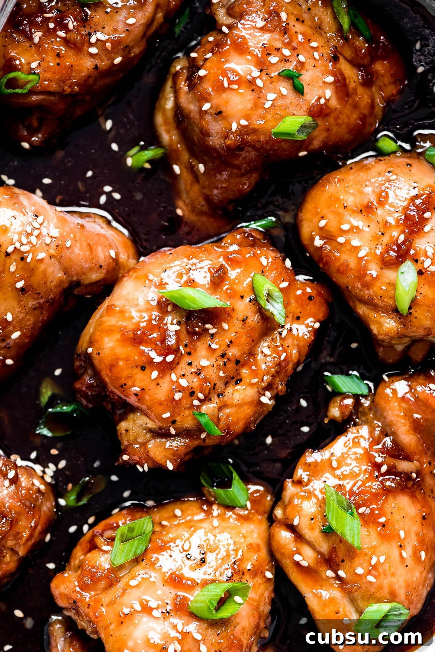 Sticky Teriyaki Glazed Chicken Thighs with Garlic and Sesame 3 A close-up shot of glazed chicken thighs garnished with toasted sesame seeds, and green onions.