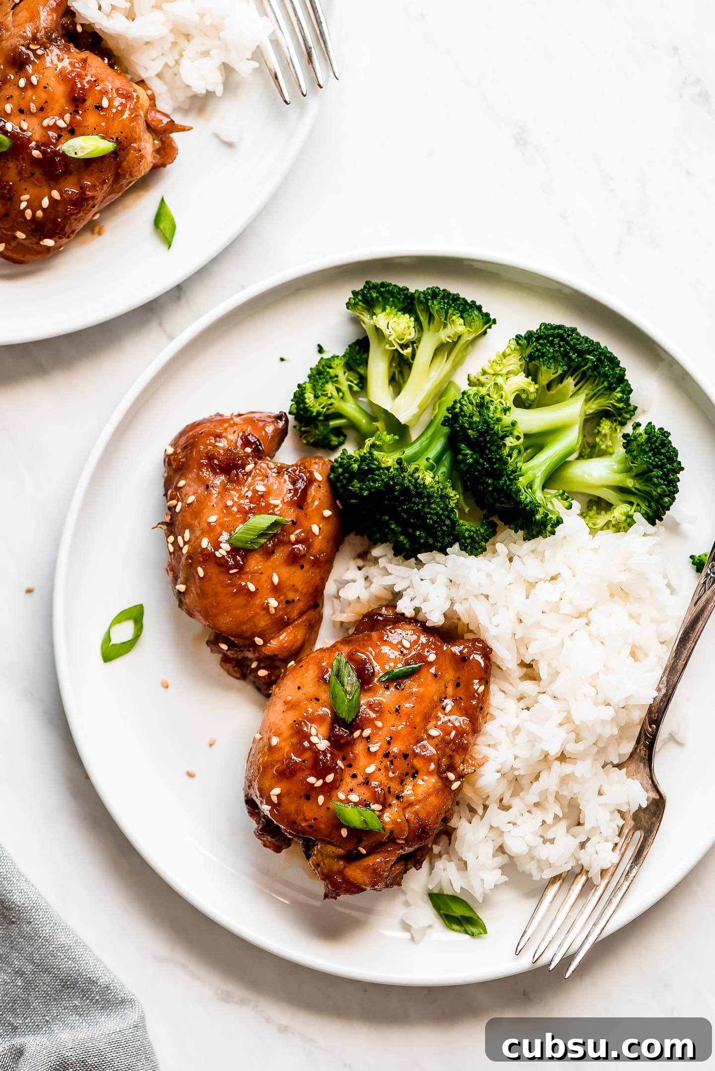 Sticky Teriyaki Glazed Chicken Thighs with Garlic and Sesame 6 Plates of glazed chicken thighs, white rice, and broccoli.