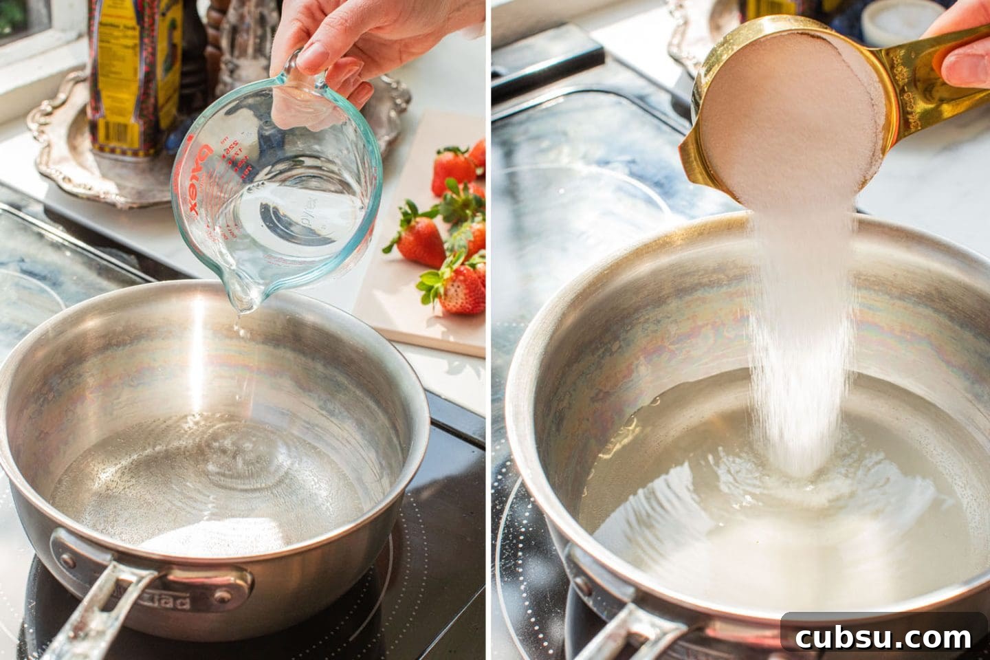 Homemade Strawberry Syrup Recipe for Cocktails and Mixers 5 add water and sugar into the pot