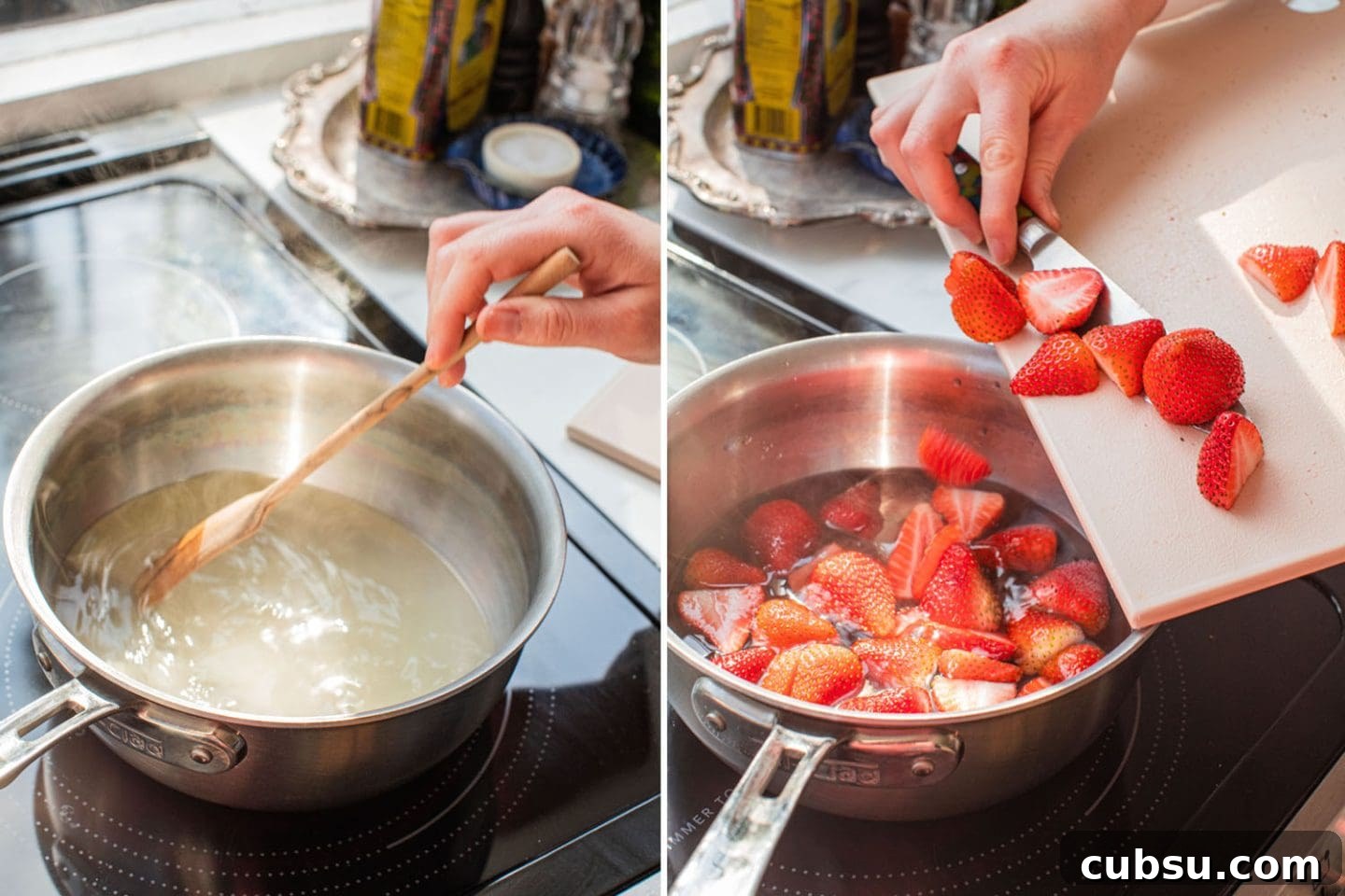 Homemade Strawberry Syrup Recipe for Cocktails and Mixers 6 stir the water and sugar together and add strawberries to the pot