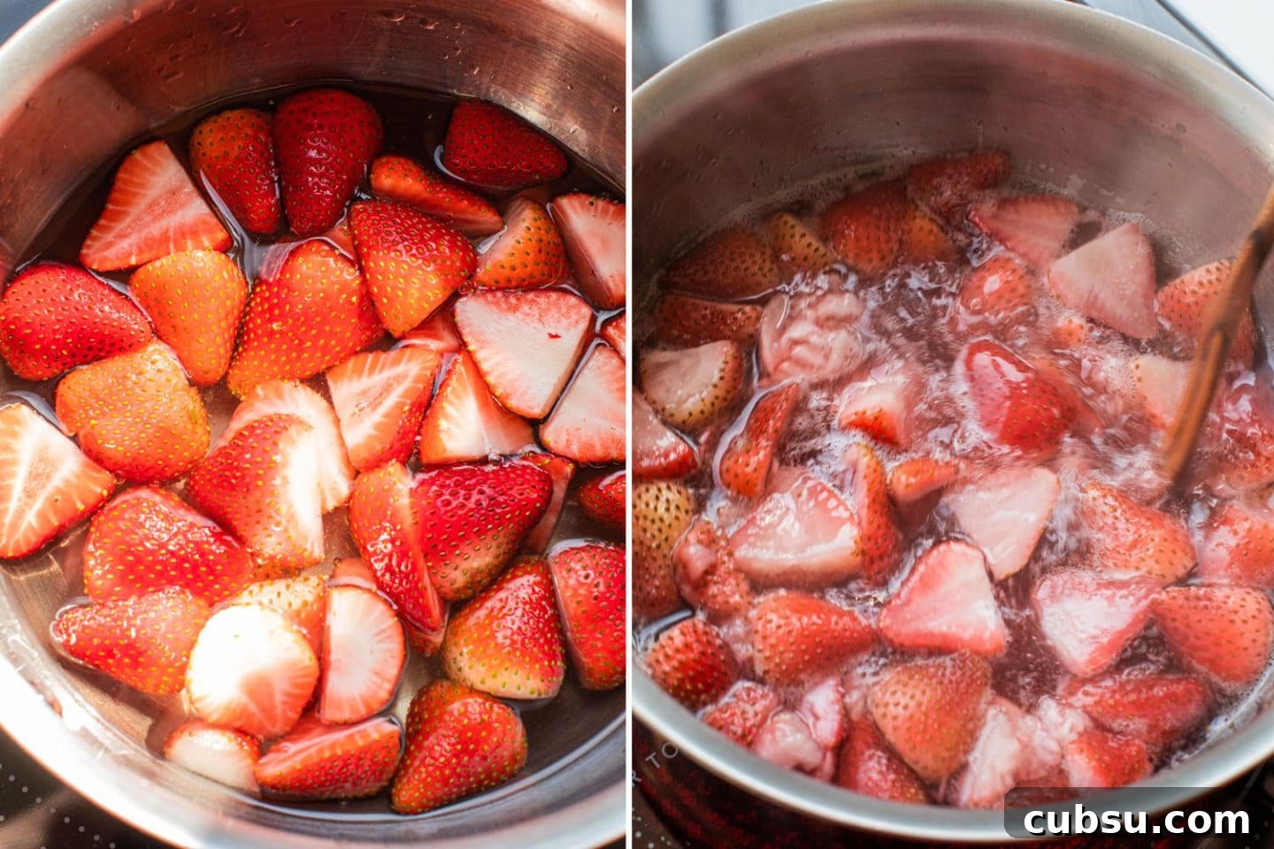 Homemade Strawberry Syrup Recipe for Cocktails and Mixers 7 strawberries in the pot being stirred with a wooden spoon