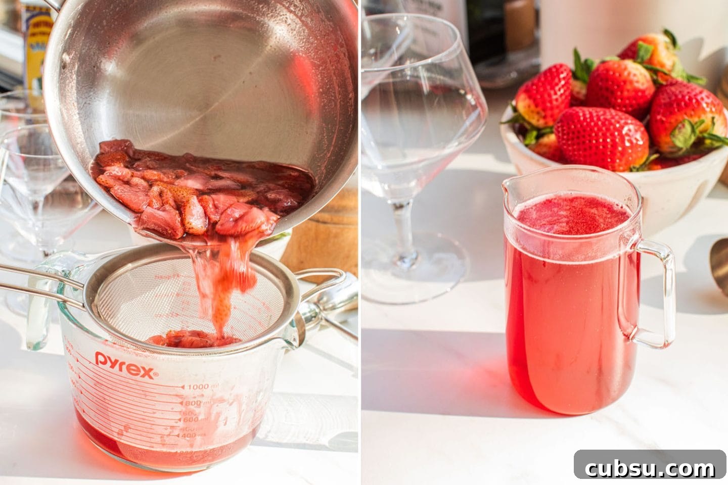 Homemade Strawberry Syrup Recipe for Cocktails and Mixers 8 straining the syrup with a fine mesh sieve into a glass pitcher