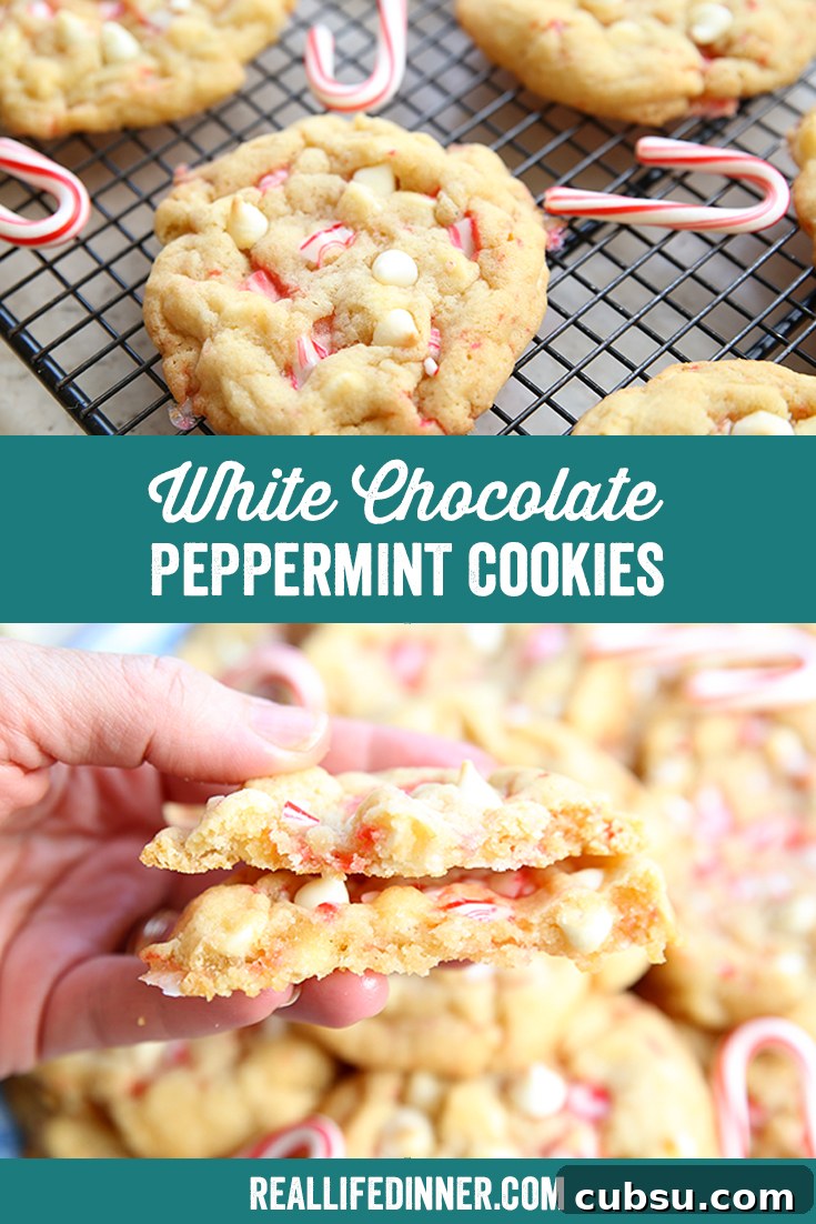 Two-photo Pinterest picture of White Chocolate Peppermint Cookies with the text of the title in the middle.