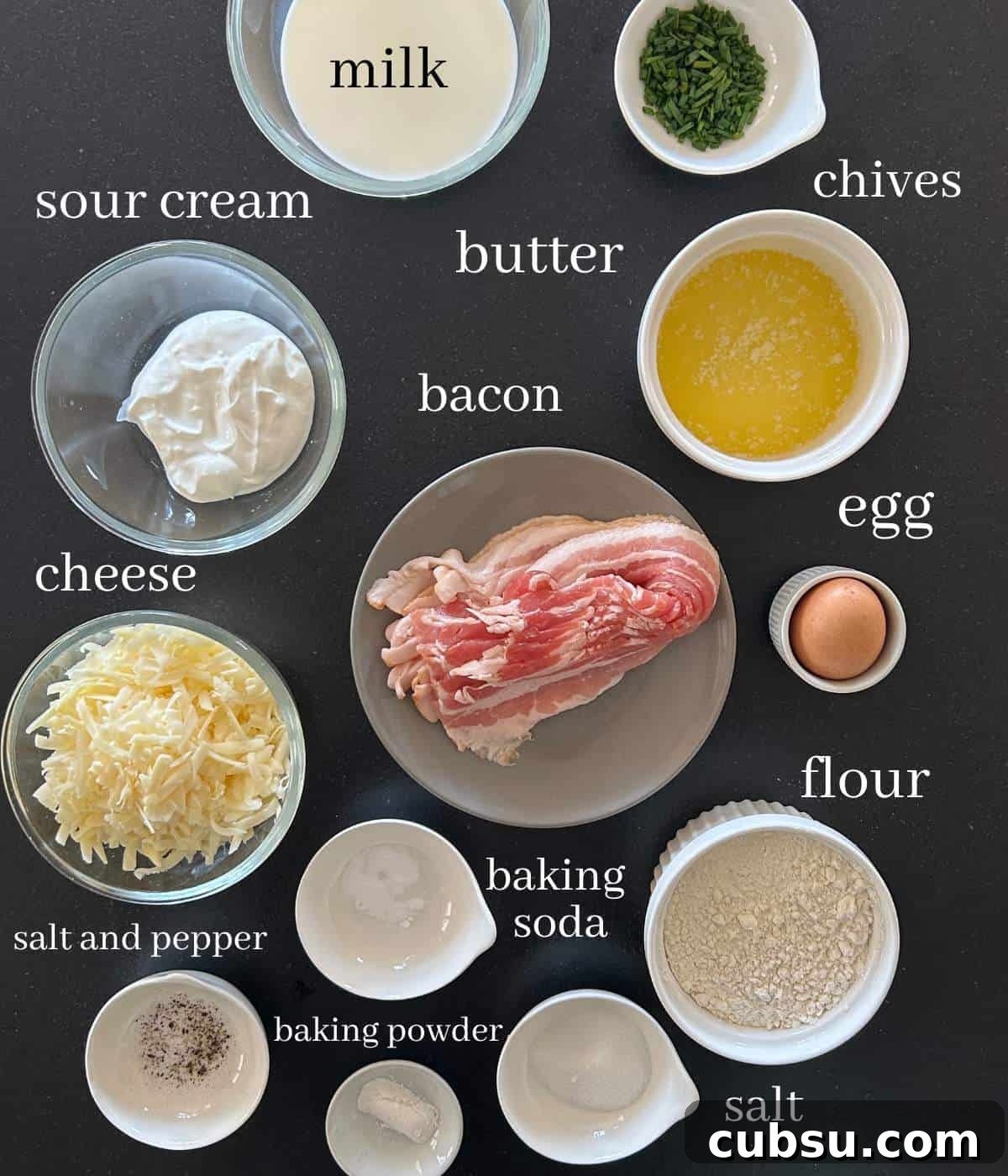 Savory Bacon and Cheese Muffins for Brunch or Snacks 3 Ingredients for muffins on countertop.