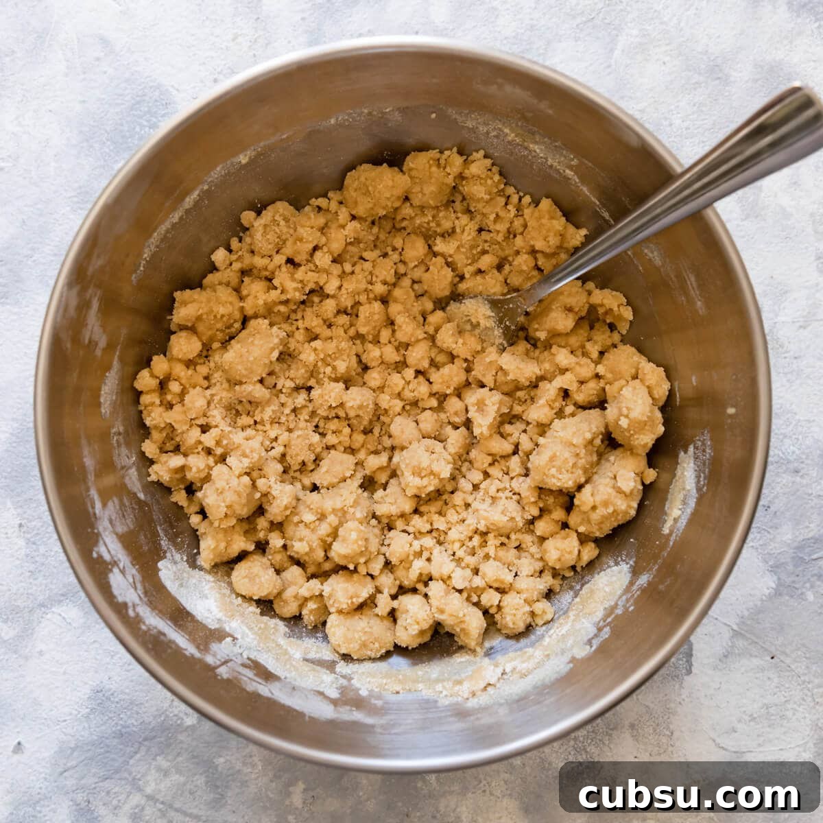 top down view of the crumble made with melted butter