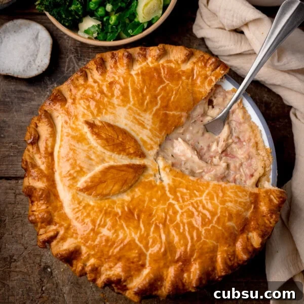 A square, overhead shot of the chicken and ham pie, with a slice taken out.