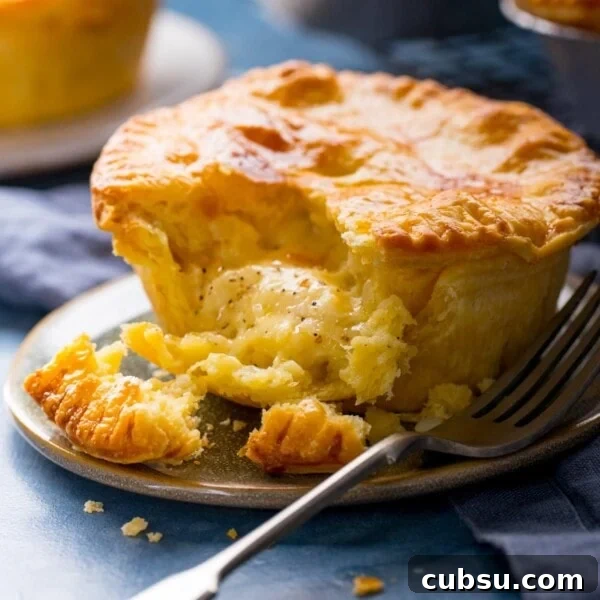 Square image of a small cheese and onion pie on a plate with a piece taken out.