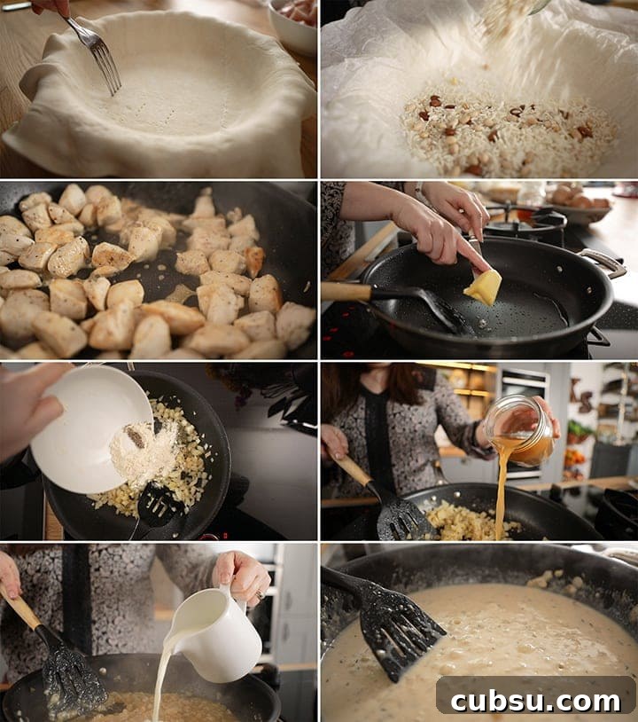 8 image collage of initial stages of making chicken and mushroom pie - from blind baking the pastry up until making the sauce