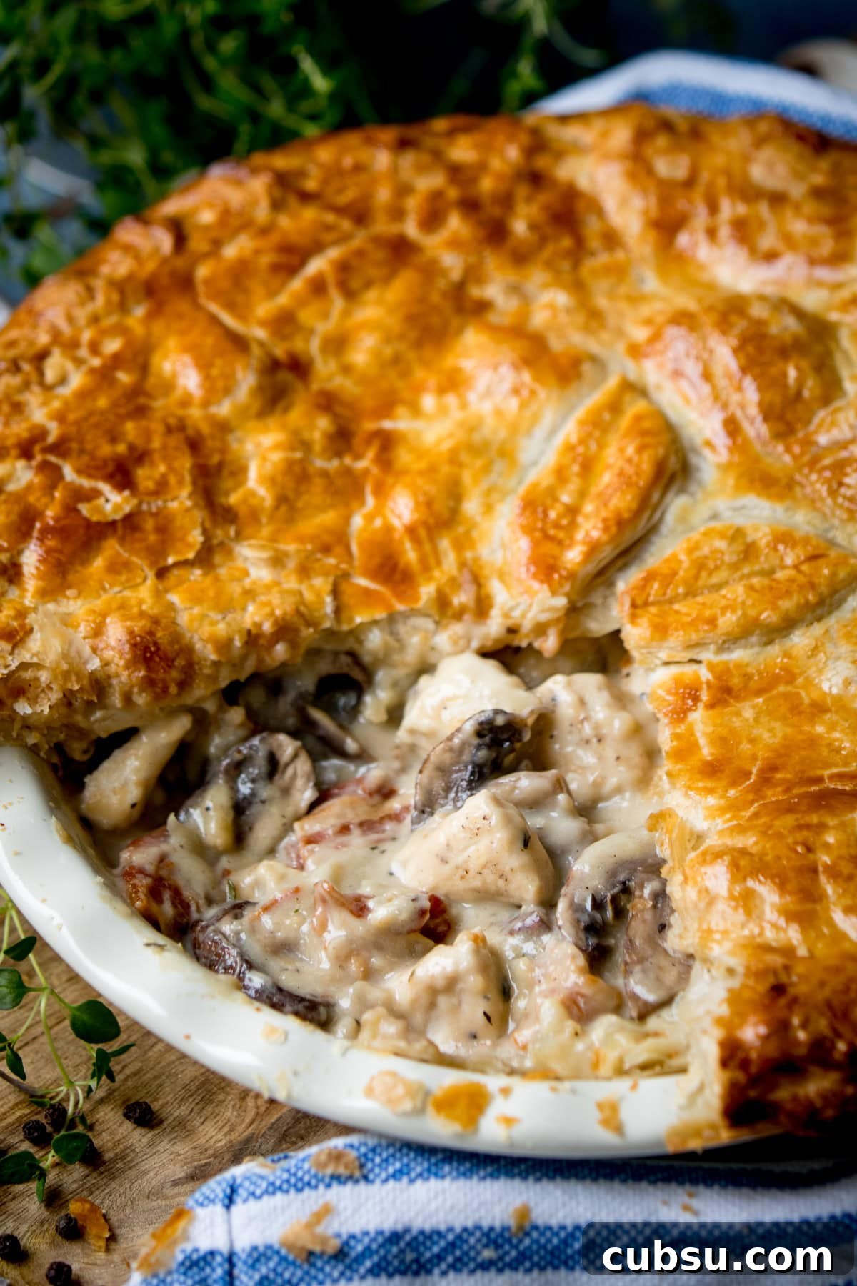A golden-brown chicken and mushroom pie with a flaky pastry, partially cut open to reveal a creamy filling of chicken, mushrooms, and sauce.