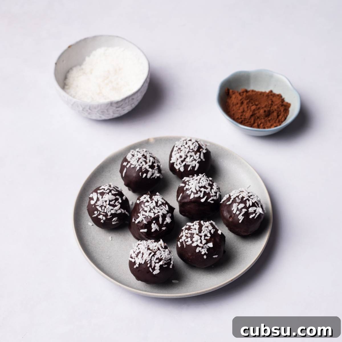 No-Bake Chocolate Coconut Energy Bites 2 Chocolate Coconut Balls served on a plate.