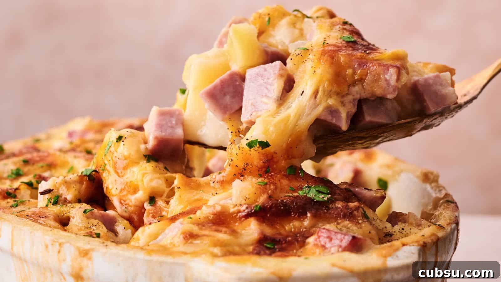 7 Holiday Ham Recipes to Make Dinner Feel Just Right 5 A wooden spoon lifts a serving of cheesy casserole with chunks of ham and potatoes from a baking dish.
