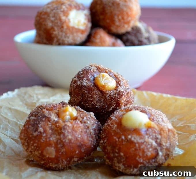 Close up view of donut cream filled donut holes