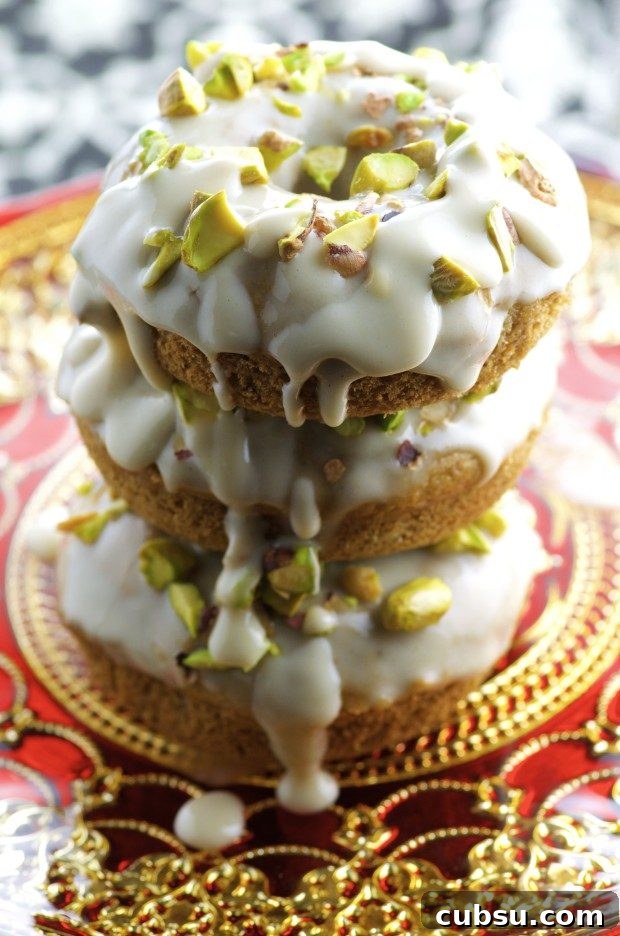Vegan halva donuts stacked on a red plate
