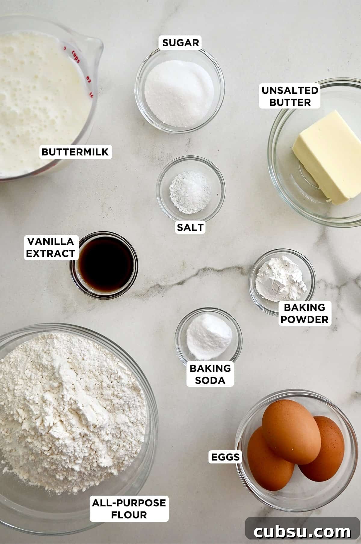 Crispy Belgian Waffles Recipe for Brunch and Weekend Mornings 3 Belgian waffle ingredients in various sizes of glass bowls.