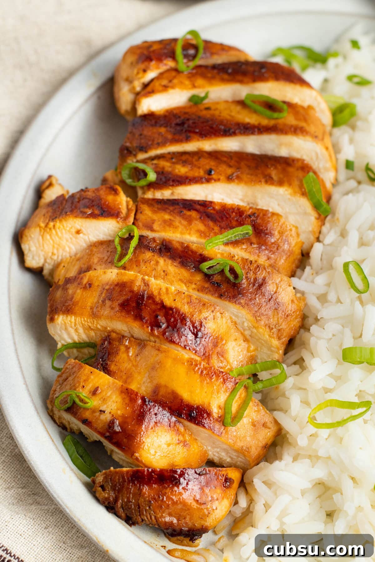 Grilled Filipino Adobo Chicken Recipe for Smoky, Tangy Flavor 2 Top-down view of grilled chicken adobo, sliced and arranged on a platter with rice.