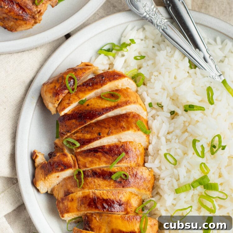 Grilled Filipino Adobo Chicken Recipe for Smoky, Tangy Flavor 4 Top-down view of grilled chicken adobo, sliced and arranged on a platter with rice.