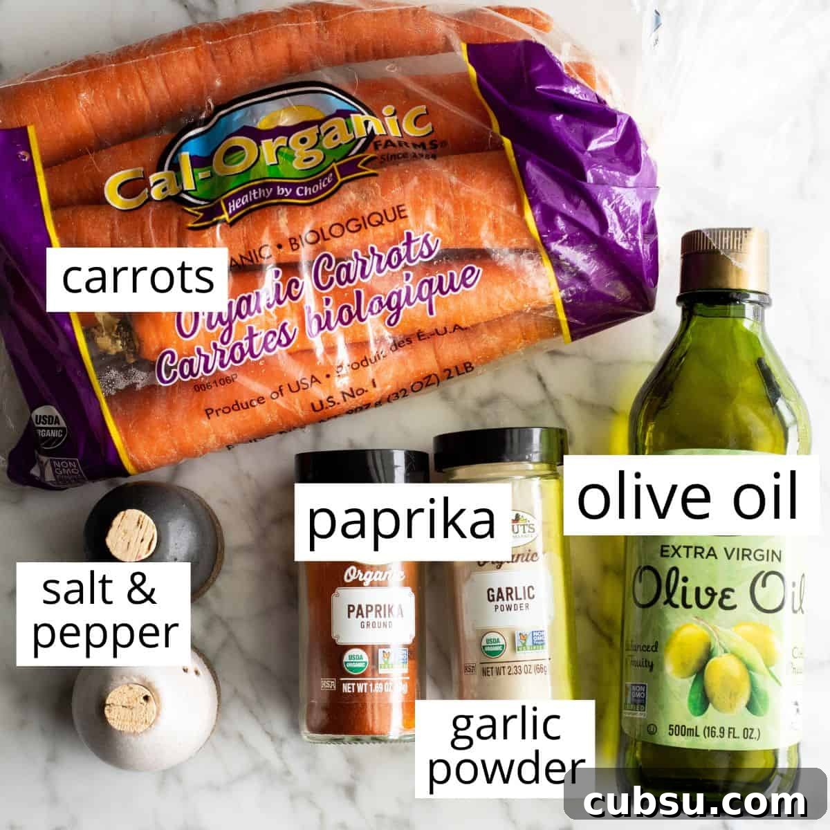 overhead photo of the labeled ingredients in this roasted carrots recipe