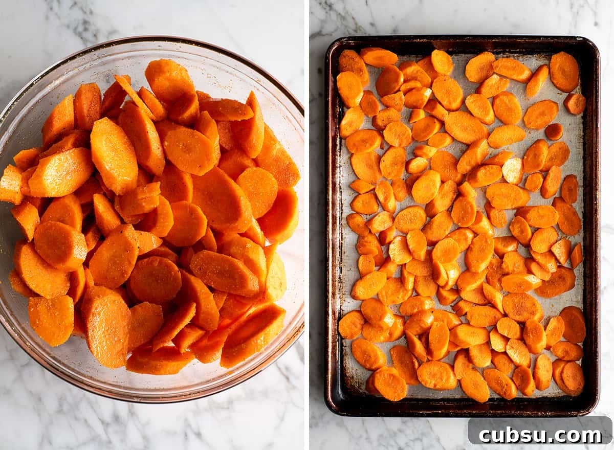 two overhead photos showing how to roast carrots - coated with spice mixture then spread out on a baking sheet before roasting