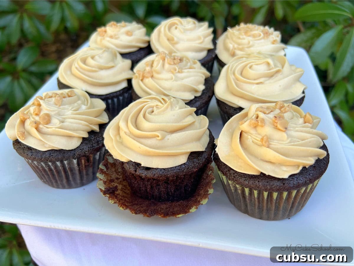 Decadent Mocha Cupcakes: Rich Coffee Chocolate Recipe 6 Mocha cupcakes on a platter.