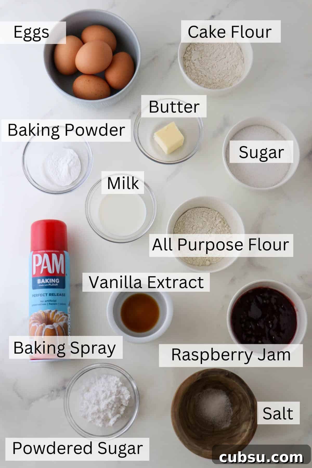Labeled ingredients for Swedish Rulltårta.