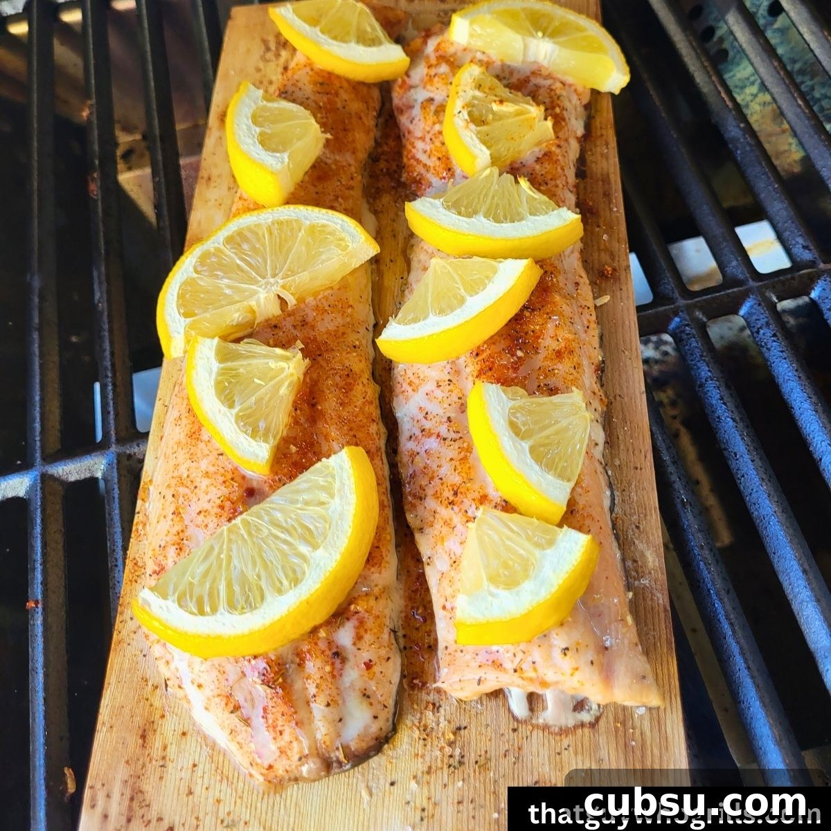 Grilled salmon on a cedar plank cooking on a gas grill
