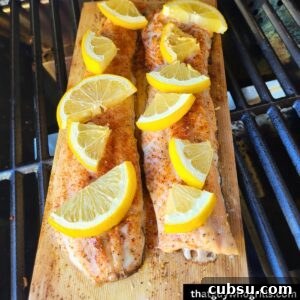 Grilled salmon on a cedar plank cooking on a gas grill