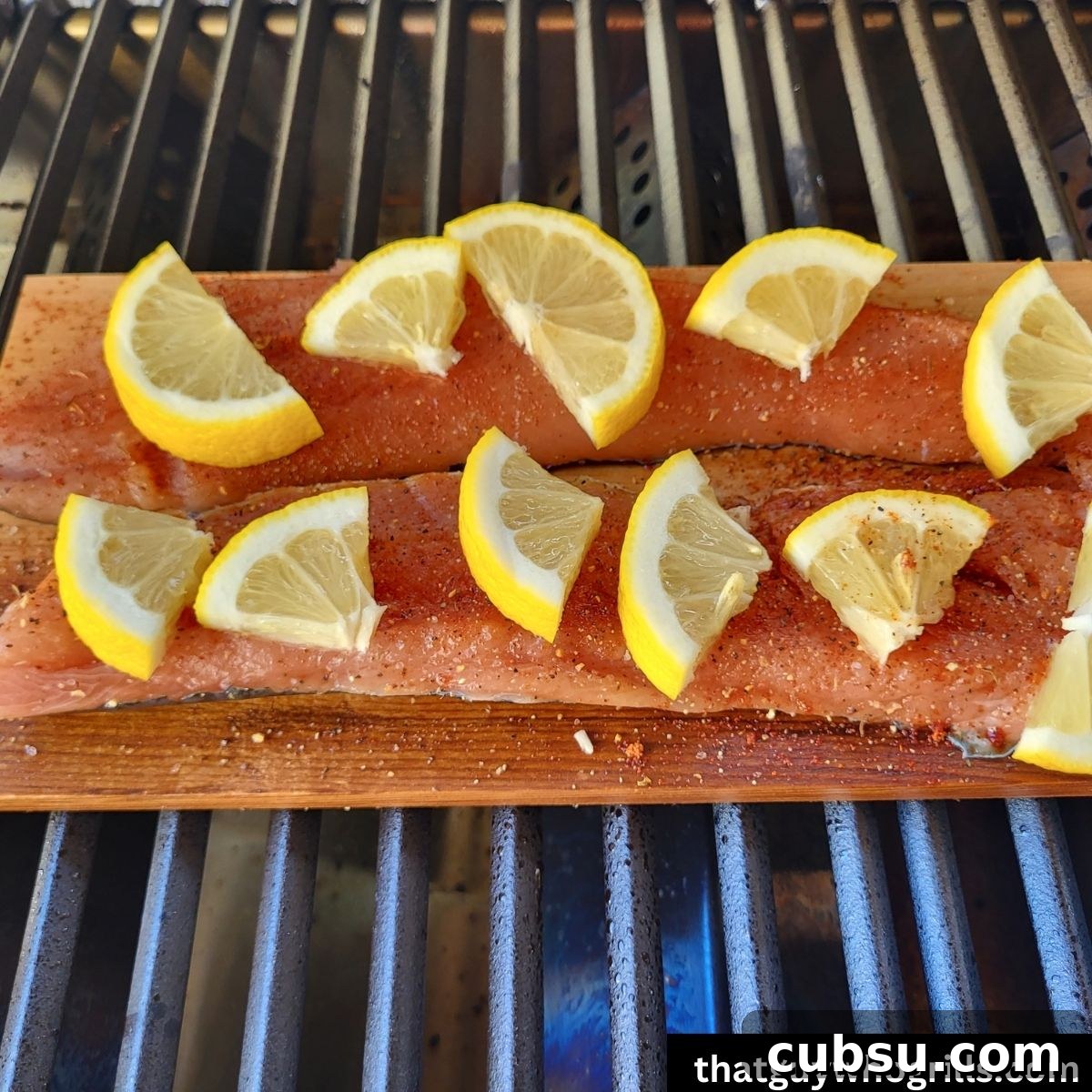Salmon on a cedar plank topped with seasoning and lemons on a gas grill 