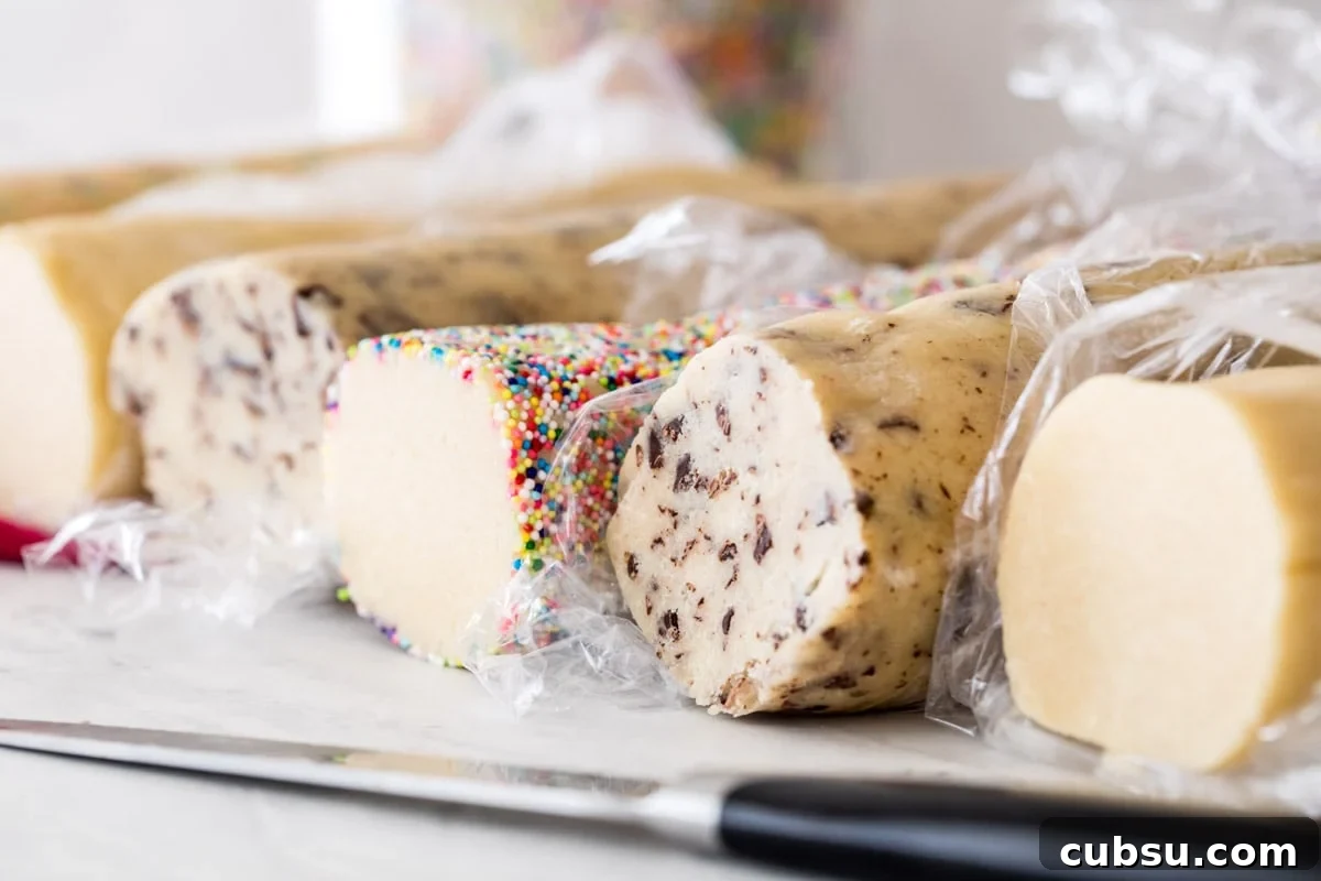 Multiple logs of icebox cookie dough with various mix-ins