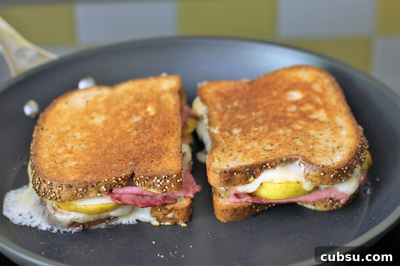 Pastrami and Pear Grilled Cheese Sandwich Recipe 11 frying the grilled cheese sandwich using whole grain gluten free bread