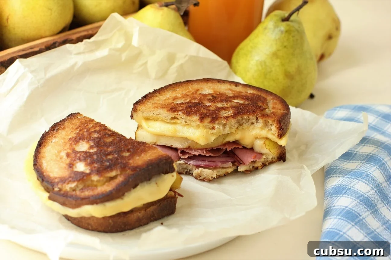 Pastrami and Pear Grilled Cheese Sandwich Recipe 14 halved grilled cheese with one bite taken out of it