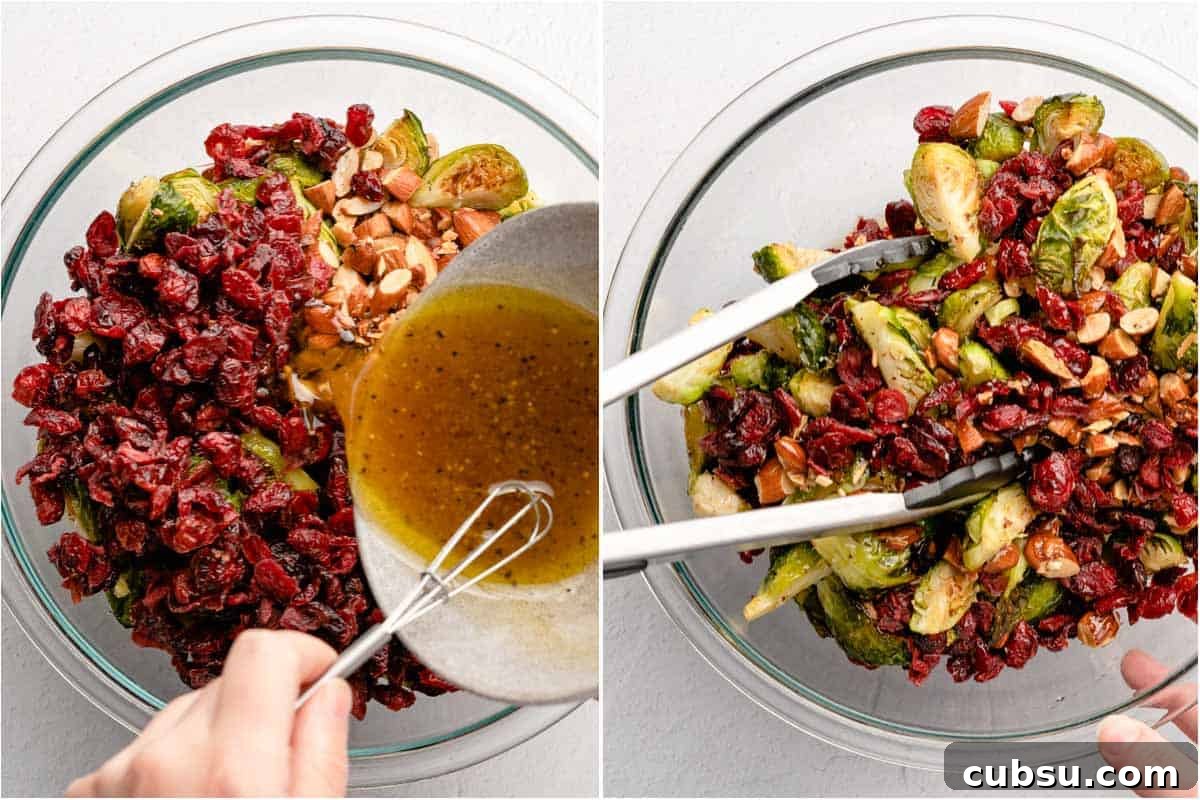 collage of dressing being poured over salad and tongs tossing salad with dressing