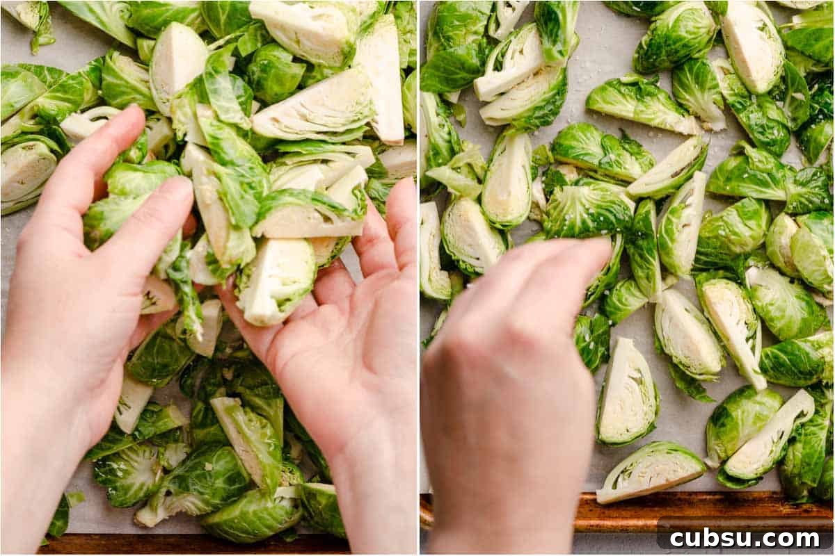 collage of hands tossing brussels sprouts with oil and hand sprinkling salt overtop brussels sprouts