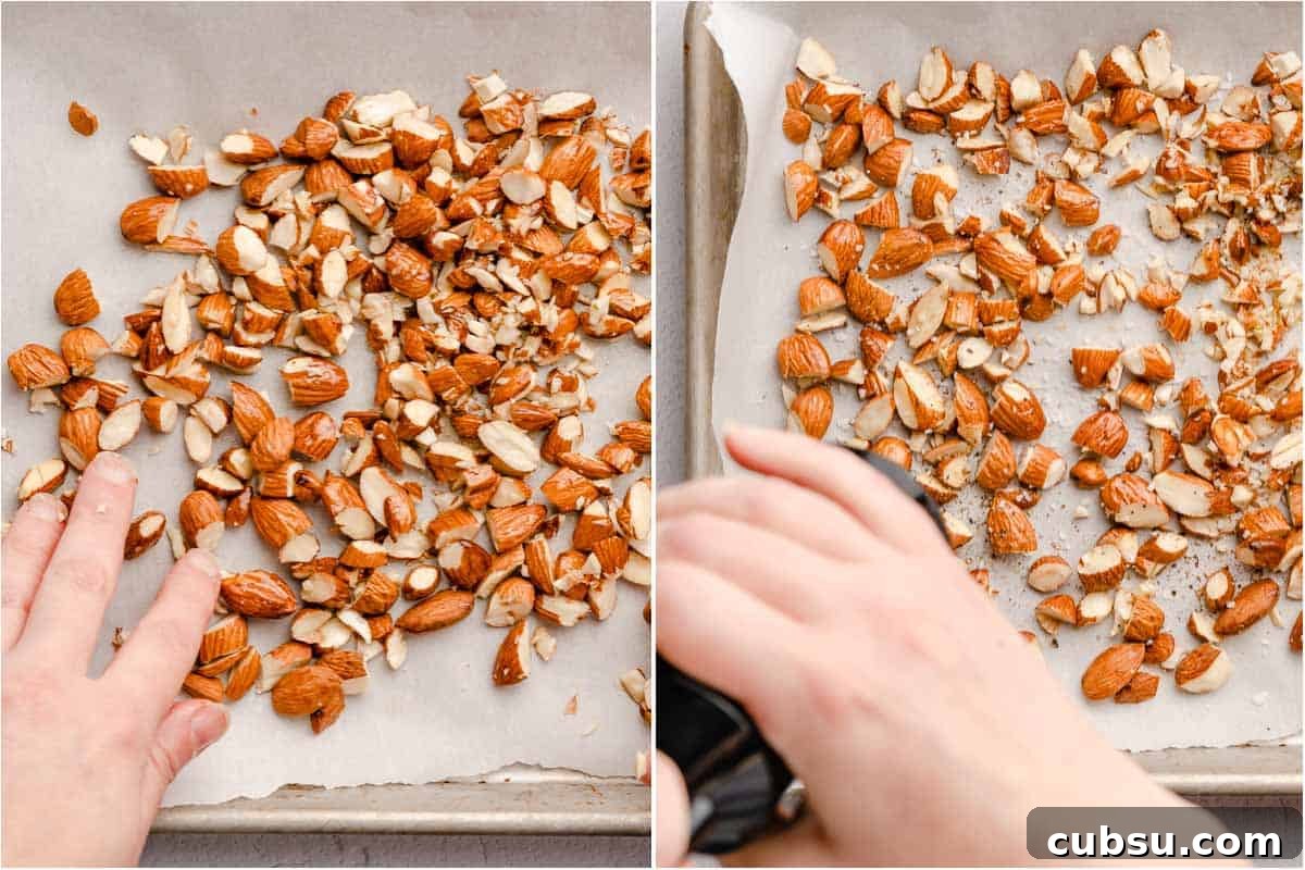 collage of hand spreading chopped almonds on baking sheet and grinding pepper over almonds