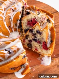 A closeup of slices in a berry Bundt cake.