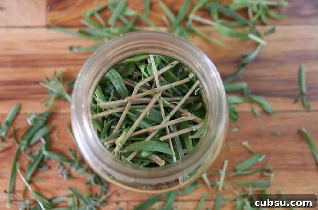 A quart (1 litre) jar filled with chopped, fresh lavender. 